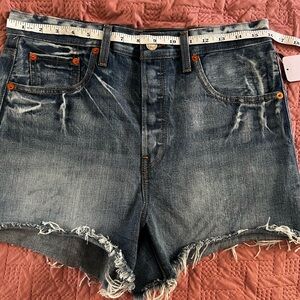 Re/Done Dark Blue Distressed High-Rise Jean Shorts